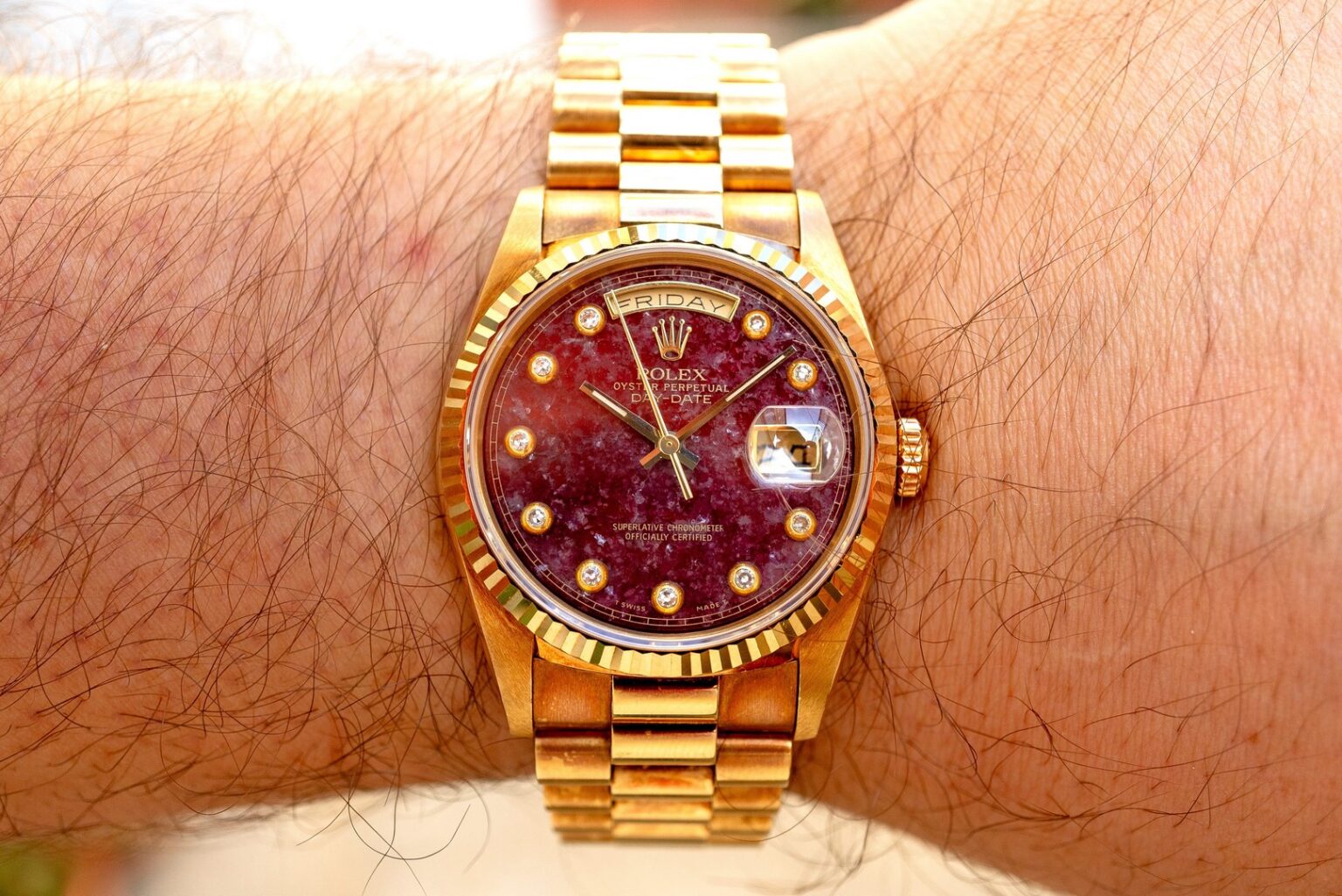 Pinball Watch 18238 Day-Date 36 (super rare grossular pinball stone dial / unpolished ...