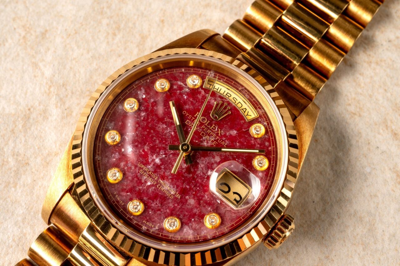 Pinball Watch 18238 Day-Date 36 (super rare grossular pinball stone dial / unpolished ...