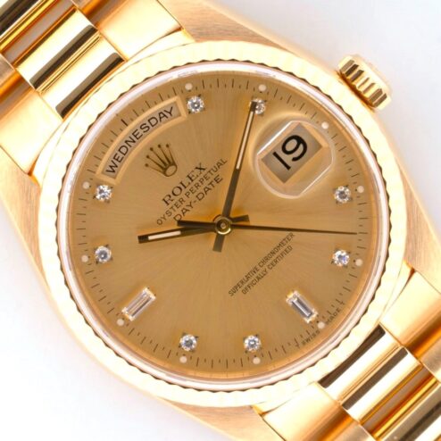 18238 Day-Date (unpolished / box papers / golden diamond sunray dial)