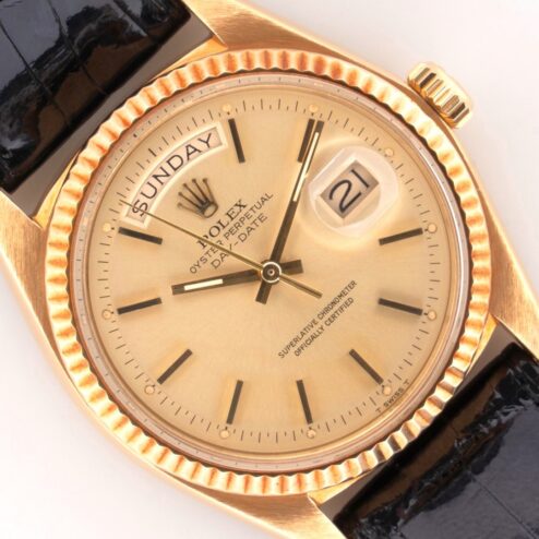 1803 Day-Date (golden pie-pan sunray / 18 carat rolex buckle and rolex croco)