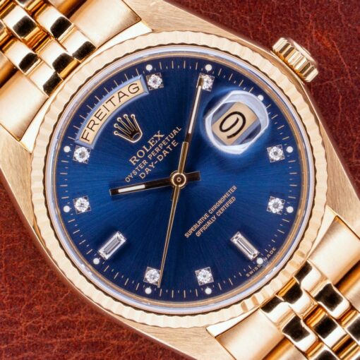 18038 Day-Date (blue diamond sunray dial / box papers LC 100 / 8386 jubilee bracelet)