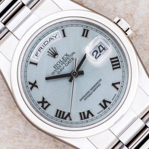 118206 Day-Date Platin (ICE blue dial / LC100 box papers / unpolished top)