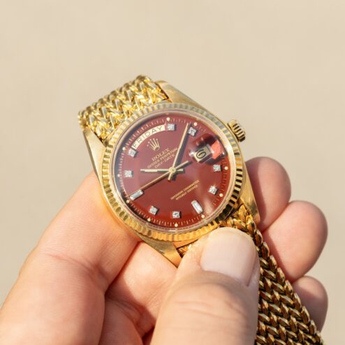 Alternative view of 1803 Day-Date (Oxblood Stella / super rare woven bracelet / unpolished case / from my private collection)